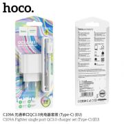 Блок питания сетевой 1 USB HOCO C109A Fighter, QC3.0, кабель Type-C, цвет: белый