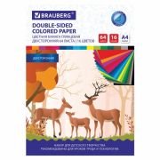 Цветная бумага А4 2-сторонняя мелованная, 64 листа 16 цветов, склейка, BRAUBERG, 200х280 мм, «Олени», 115172