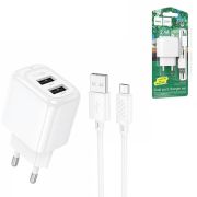 Блок питания сетевой 2 USB HOCO, CS51A, 2400mA, пластик, кабель микро USB, цвет: белый