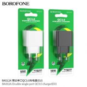 Блок питания сетевой 1 USB Borofone, BAS12A, пластик огнестойкий, QC3.0, 18W, цвет: черный