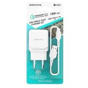 Блок питания сетевой 1 USB Borofone BA36A, пластик, QC3.0, кабель микро USB, цвет: БЕЛЫЙ