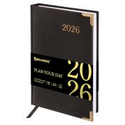 Ежедневник датированный 2026, А5, 138x213 мм, BRAUBERG «Senator», под кожу, черный, 117094