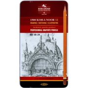Набор чернографит.каранд дерев. Koh-I-Noor 1502 12 шт 8В-2Н заточенный шестигранные метал. пенал