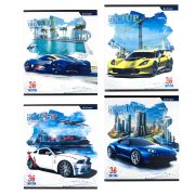 Тетрадь 36 л., А5, клетка, Alingar «Машины», скрепка, мелованный картон, 4 дизайна в пленке т/у