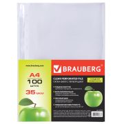 Папки-файлы перф. А4 BRAUBERG «Яблоко» 35 мкм, компл.100шт гладкие