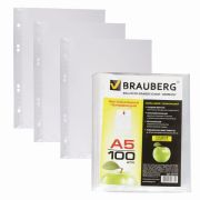 Папки-файлы МАЛОГО ФОРМАТА (148х210 мм), А5, ВЕРТИКАЛЬНЫЕ, КОМПЛЕКТ 100 шт., 35 мкм, BRAUBERG, 22171