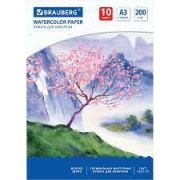 Бумага для акварели БОЛЬШАЯ А3, 10 л., 200 г/м2, BRAUBERG, «Сакура», 125224
