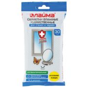 Салфетки влажные хозяйственные LAIMA «ДЛЯ СТЕКОЛ И ЗЕРКАЛ», антибактериальные, 30 штук, 605656