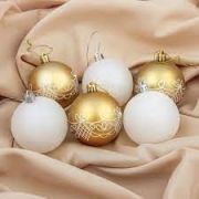 Шары елочные 6шт 7см золотые с белым рисунком