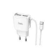 Зарядное устройство HOCO C59A 2*USB + Кабель MicroUSB, 2.4A, белый, быстрая зарядка
