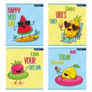 Тетрадь 36 л., А5, клетка, Alingar «Весёлые фрукты», скрепка, второй блок, мелованный картон (эконом), 4 дизайна в пленке т/у