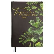Ежедневник 2024 А5 145*205мм искусственная кожа « deVente » 176л Tropicana черный с вертикальным рисунком листье, линия, белый офсет 70г/м2, черный срез, печать в 2 краски, 2 ляссе, тиснение золотой фольгой, перфорация, закругленные уголки, справочн