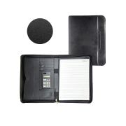Папка кожзам « KWELT » 33*25*2см Черная, с бумажным блоком, калькулятор, отделение для карточек, на молнии, держатель для ручки, петля, прошивка по периметру